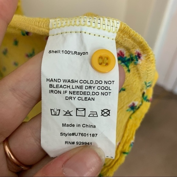 26. [Suzanne Betro] Yellow Floral Print Ruffle Tiered High Low Button Down Top - Picture 6 of 9